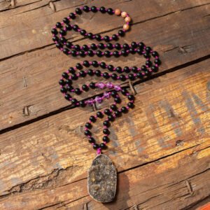 COLLIER mala amethyste cristal roche noir